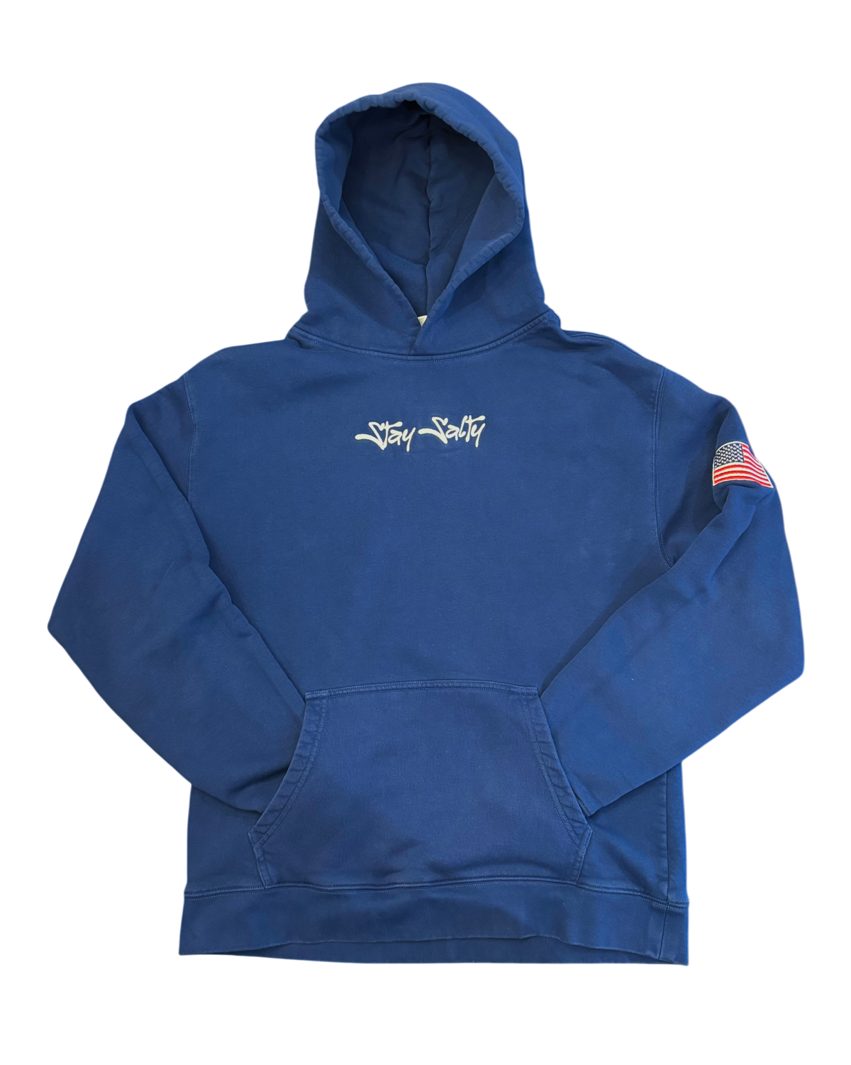 Blue hoodie with a logo on a white background